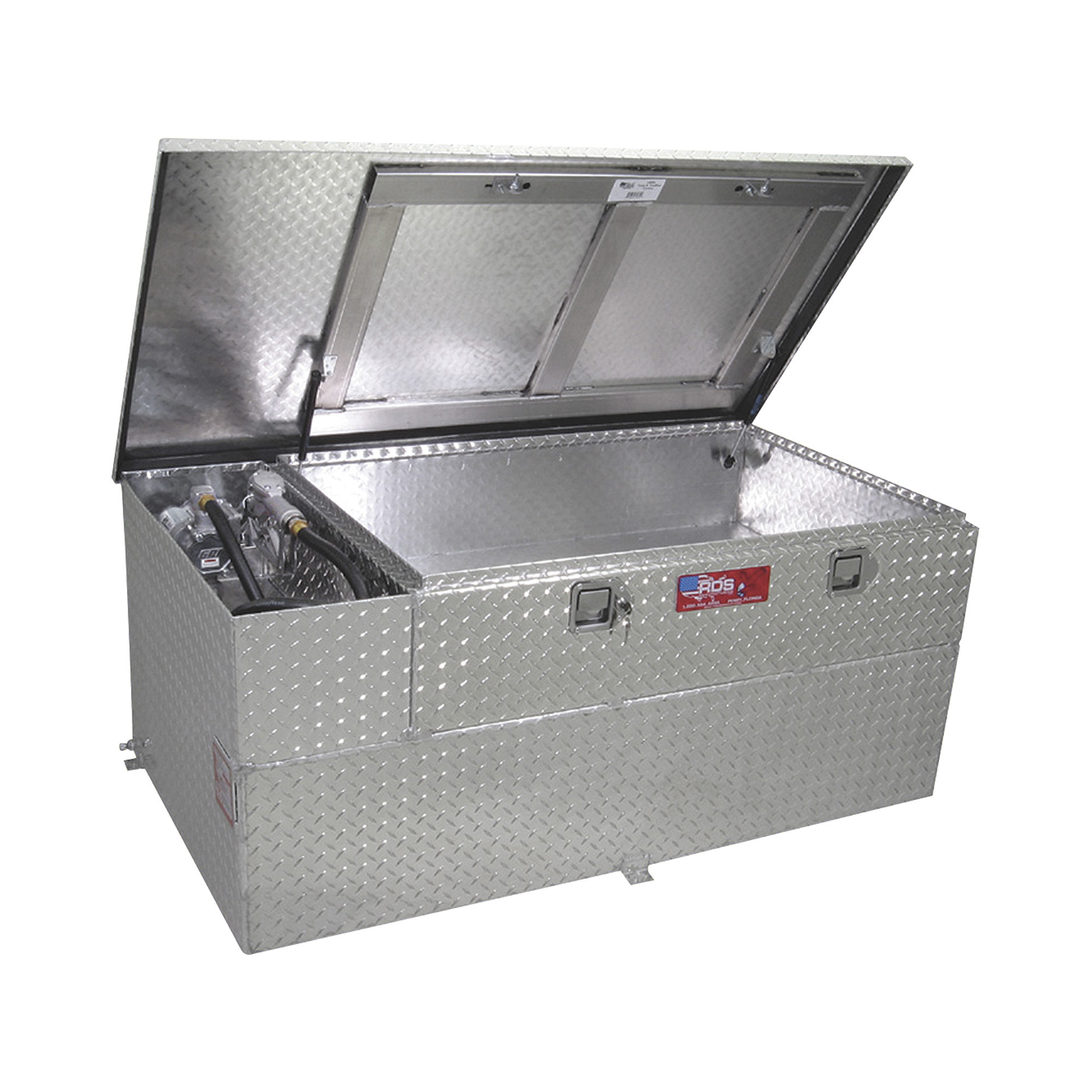 RDS Aluminum Transfer Fuel Tank Toolbox Combo with GPI 12V Fuel Transfer Pump, 91-Gallon, Rectangular, Diamond Plate, 8 GPM, Model# 72855